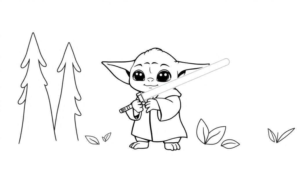A black and white color panel of Grogu holding a lightsaber in a forest.