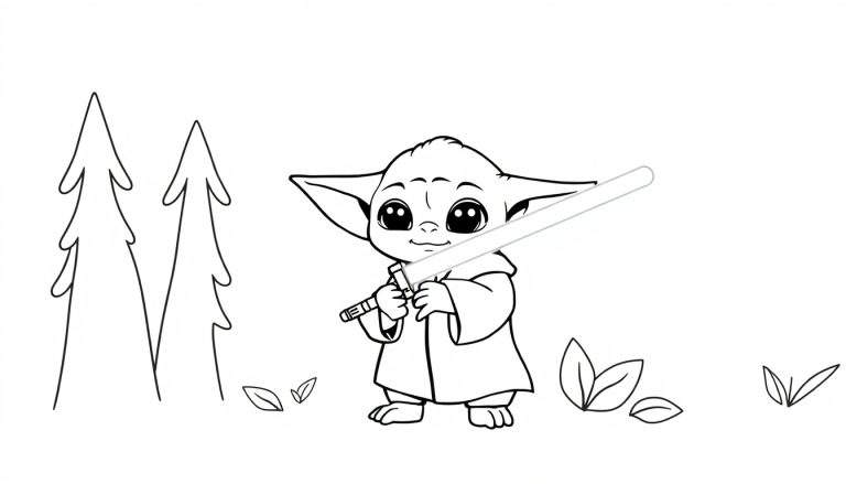 A black and white color panel of Grogu holding a lightsaber in a forest.