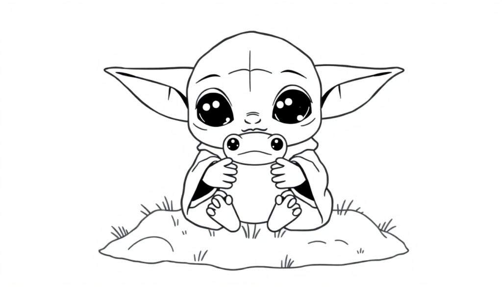 A cute Baby Yoda coloring panel with big eyes, holding a tiny frog.