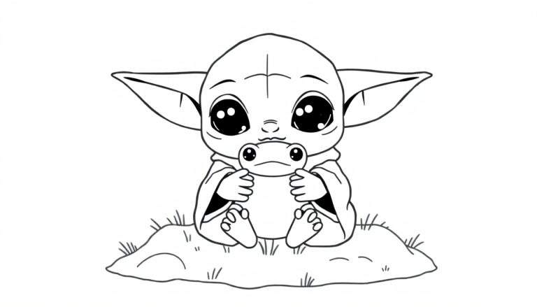 A cute Baby Yoda coloring panel with big eyes, holding a tiny frog.