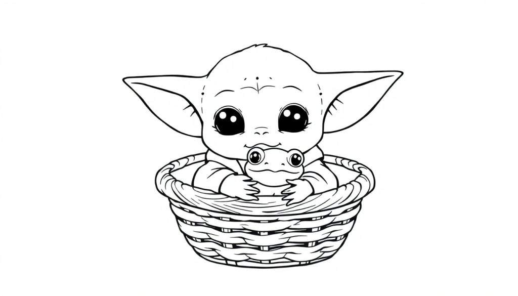 Grogu in a basket, a black and white color panel.