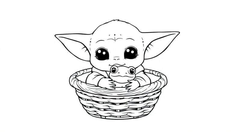 Grogu in a basket, a black and white color panel.