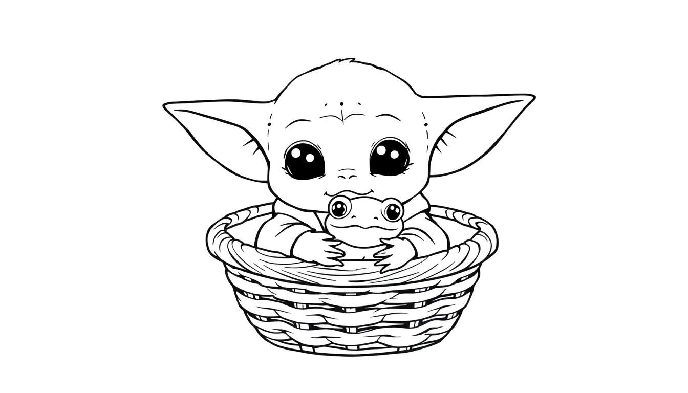 Grogu in a basket, a black and white color panel.