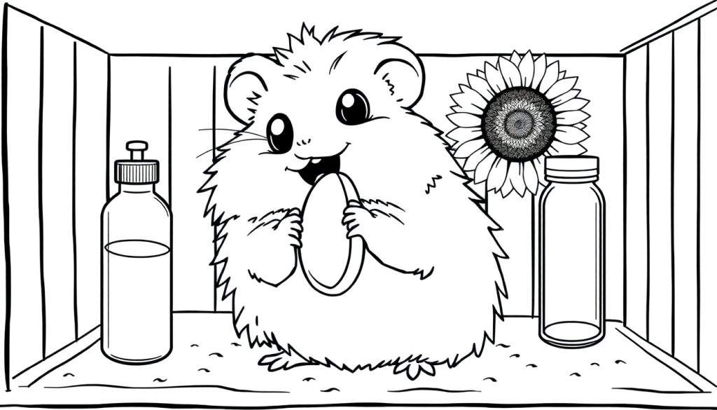 A cute hamster in a wooden cage, enjoying a sunflower. This black and white color panel is ready for your artistic touch!