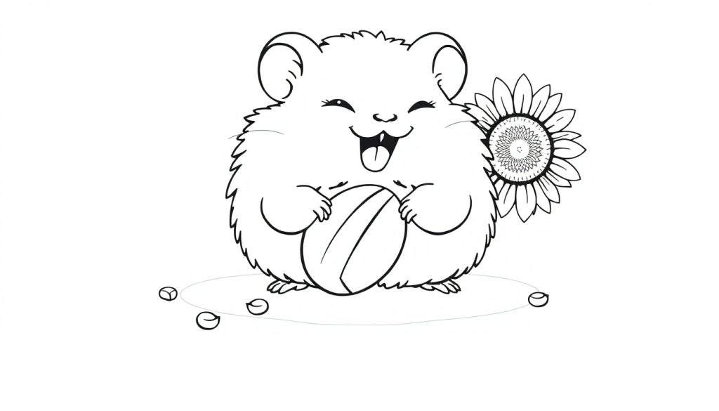A cute hamster with big cheeks holding a peanut, on a white background, ready for coloring. A great color panel activity!