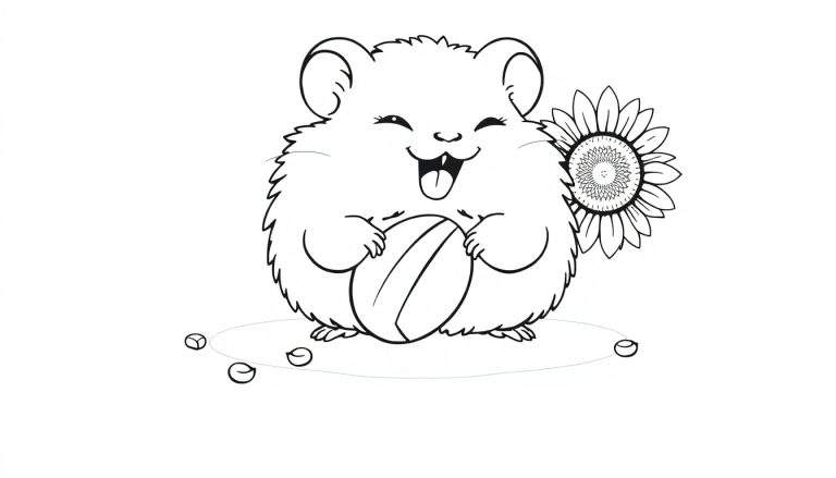 A cute hamster with big cheeks holding a peanut, on a white background, ready for coloring. A great color panel activity!