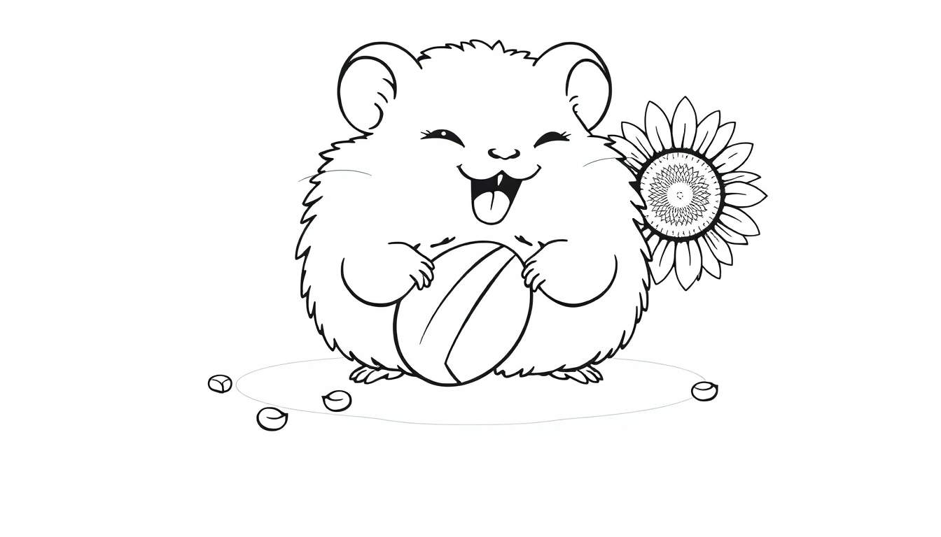 A cute hamster with big cheeks holding a peanut, on a white background, ready for coloring. A great color panel activity!