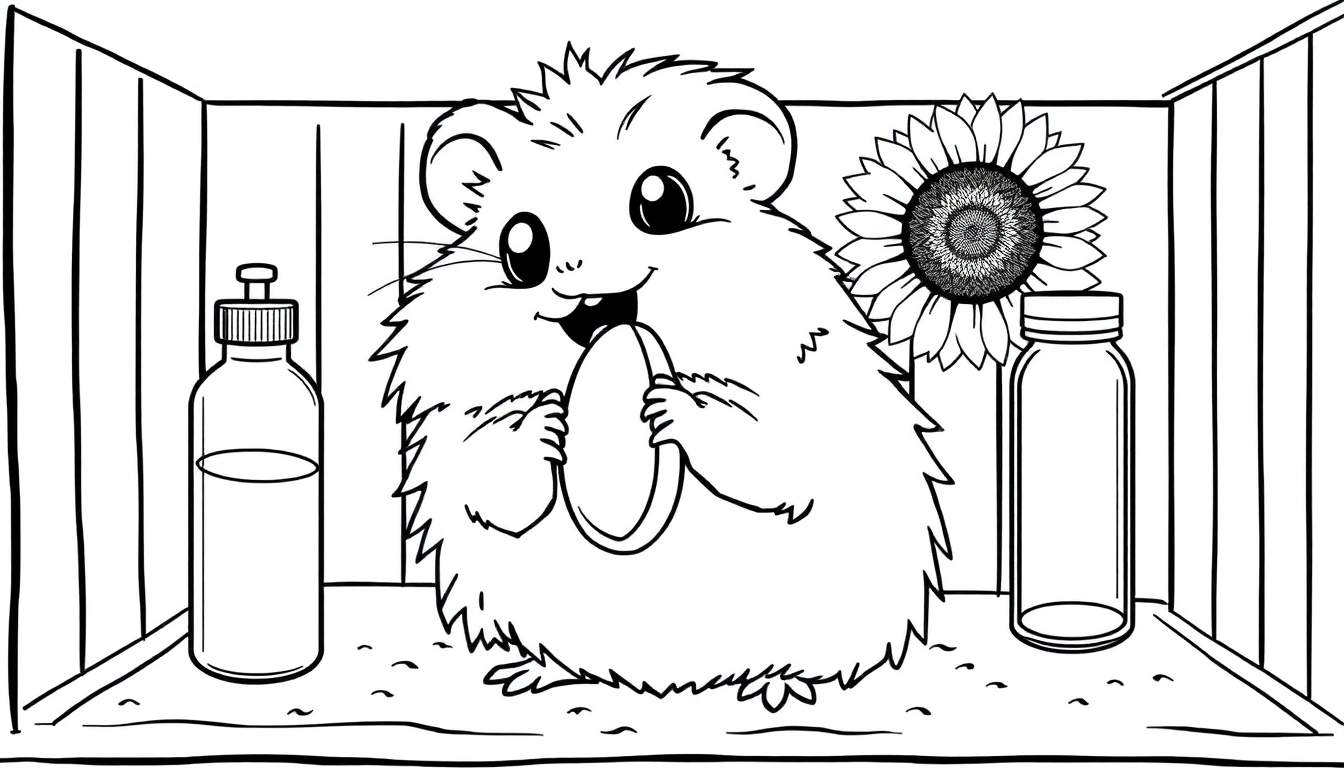 A cute hamster in a wooden cage, enjoying a sunflower. This black and white color panel is ready for your artistic touch!