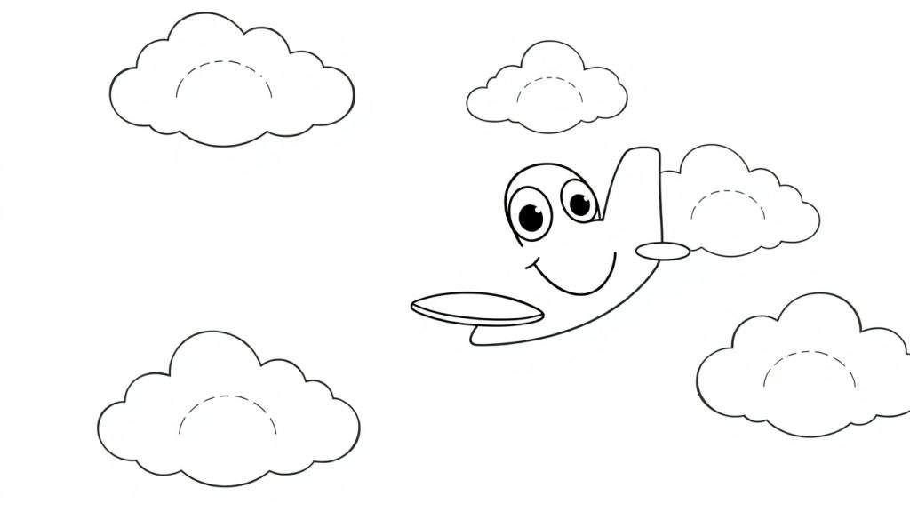 A smiling cartoon airplane flying through clouds, a fun color panel for kids.
