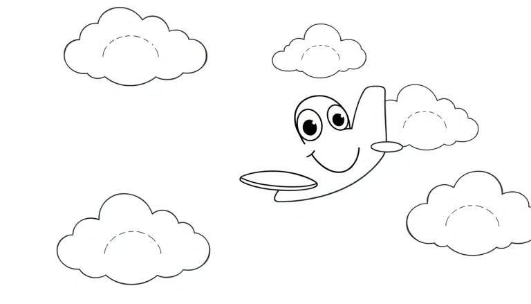 A smiling cartoon airplane flying through clouds, a fun color panel for kids.