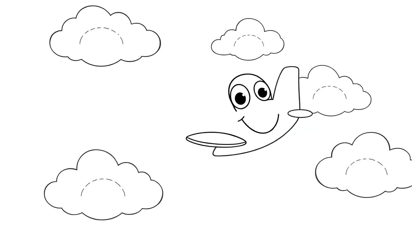 A smiling cartoon airplane flying through clouds, a fun color panel for kids.