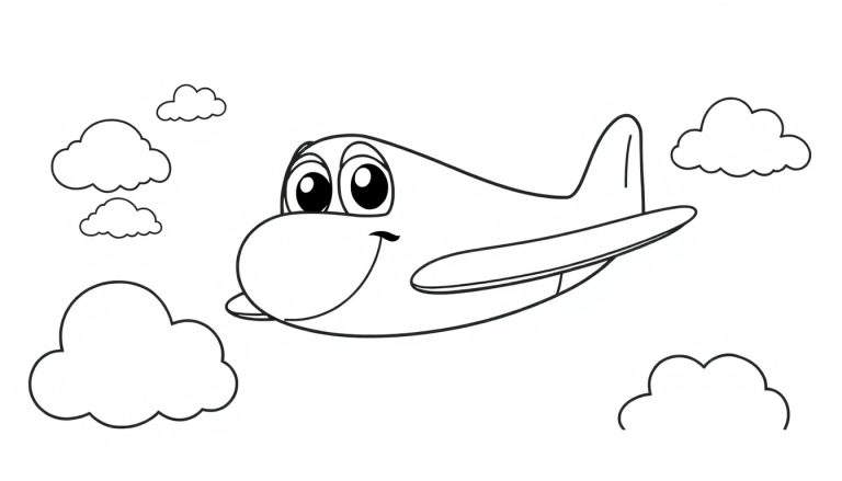 A smiling airplane in a black and white color panel, flying through fluffy clouds.