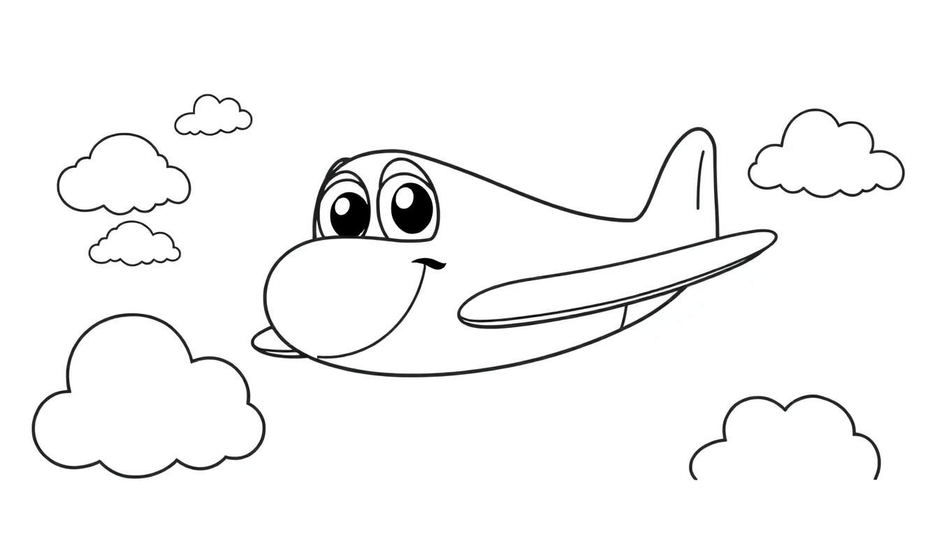 A smiling airplane in a black and white color panel, flying through fluffy clouds.