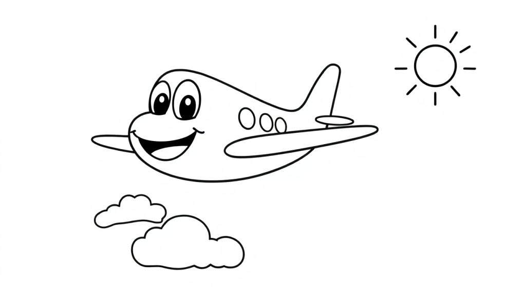 A smiling cartoon airplane flying in a sunny sky with clouds, ready for a color panel.
