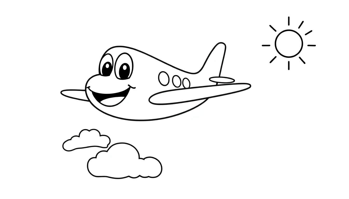 A smiling cartoon airplane flying in a sunny sky with clouds, ready for a color panel.