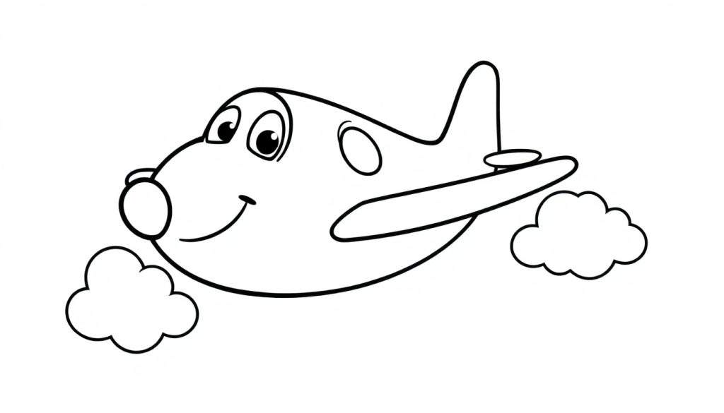 A friendly black and white cartoon airplane with a smiling face, flying amongst fluffy clouds on a coloring panel.
