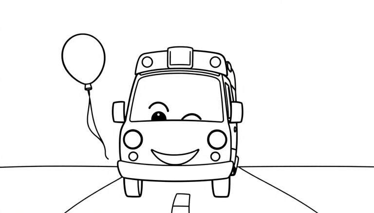 A friendly cartoon ambulance with a winking face, driving on a road and holding a balloon, presented as a black and white color panel for children.