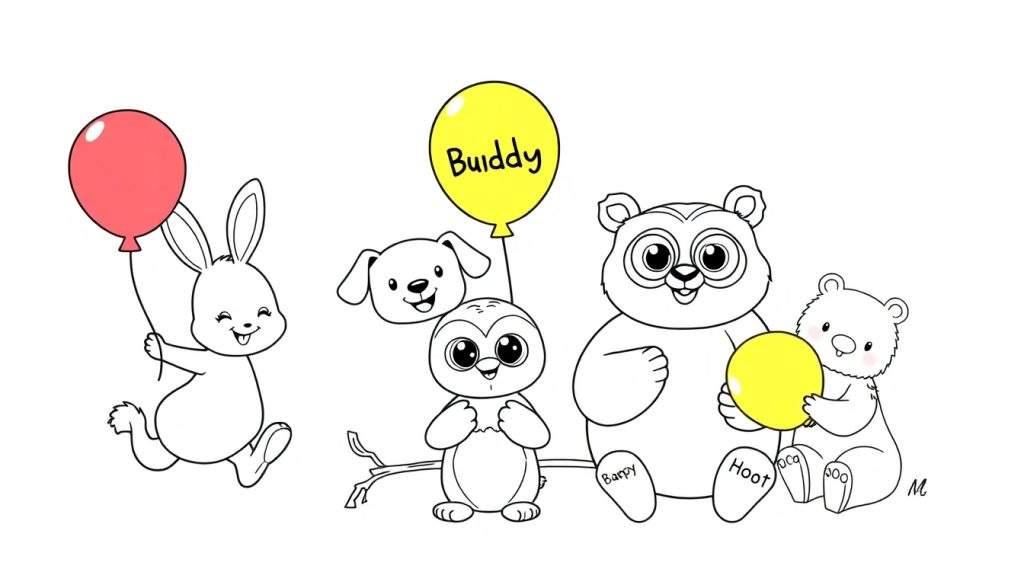 A cute cartoon coloring panel with a bunny holding a red balloon, a penguin, and two bears, all with balloons and names.