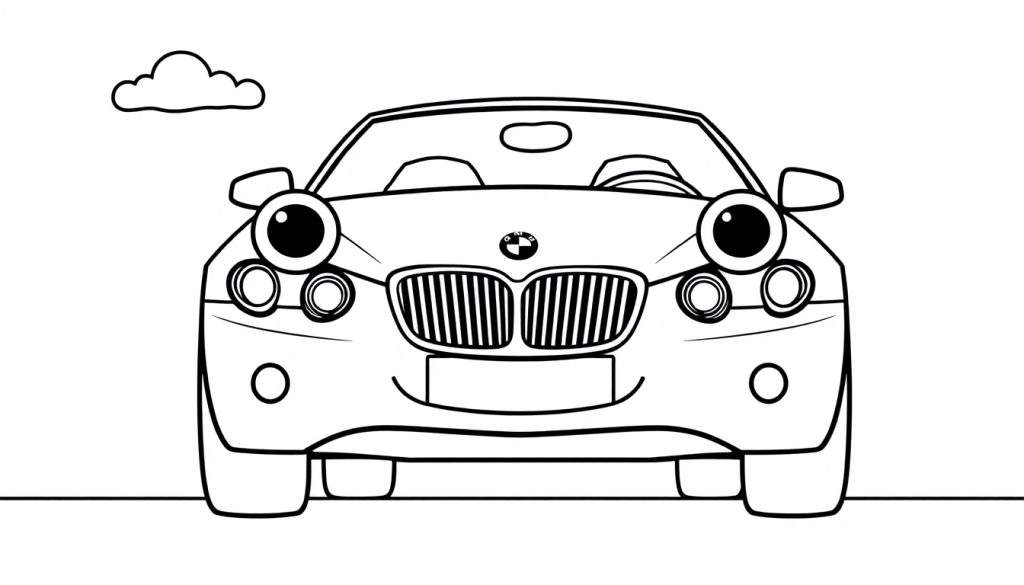 A friendly black and white cartoon BMW car with big googly eyes and a smiling mouth, on a color panel.