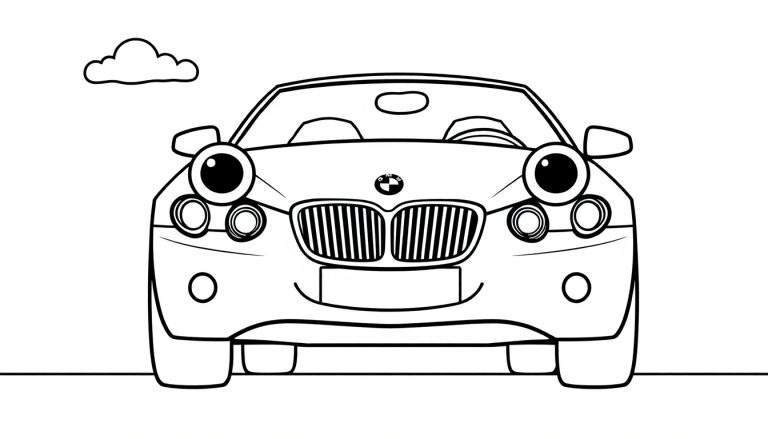 A friendly black and white cartoon BMW car with big googly eyes and a smiling mouth, on a color panel.