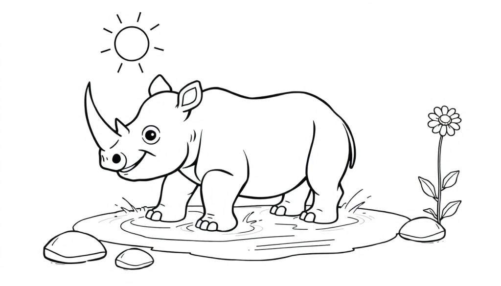 A happy baby rhino in a puddle, ready for a color panel.