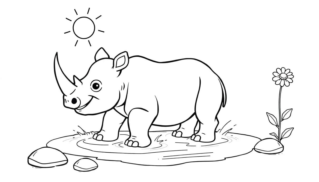 A happy baby rhino in a puddle, ready for a color panel.