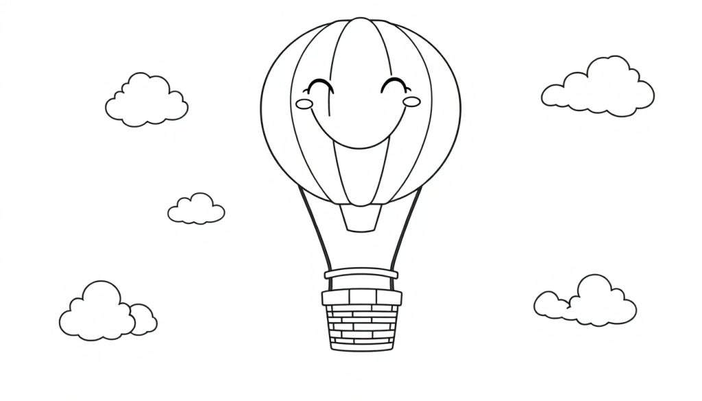 A friendly black and white cartoon hot air balloon with a smiling basket, floating in a sky filled with fluffy clouds. This coloring page is ready for your artistic touch! Add your favorite colors to this lovely scene.