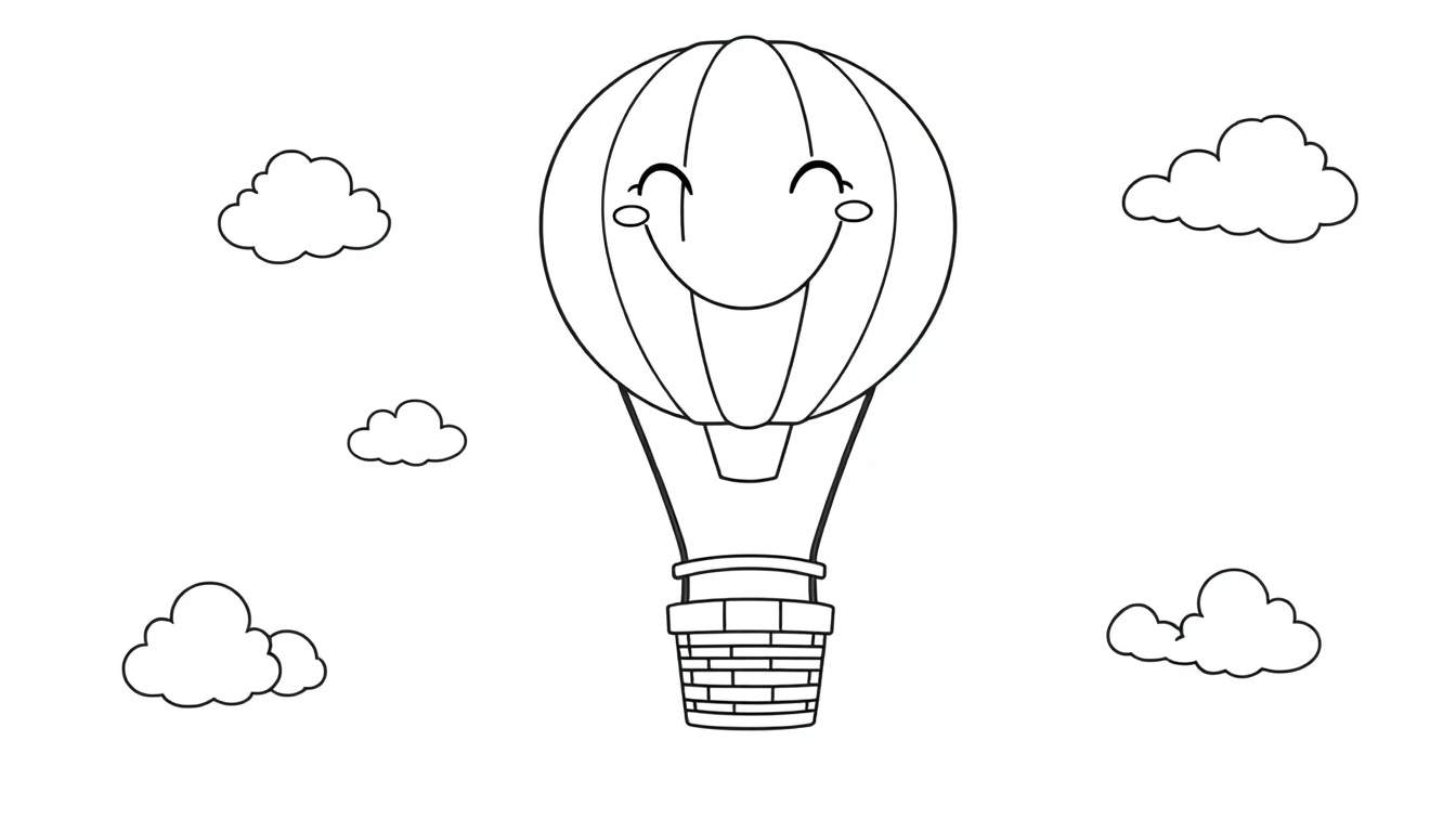 A friendly black and white cartoon hot air balloon with a smiling basket, floating in a sky filled with fluffy clouds. This coloring page is ready for your artistic touch! Add your favorite colors to this lovely scene.