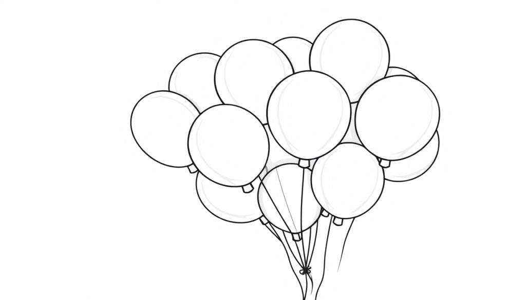 A friendly bunch of big, round balloons floating happily in the sky. This black and white color panel shows white balloons with black outlines.
