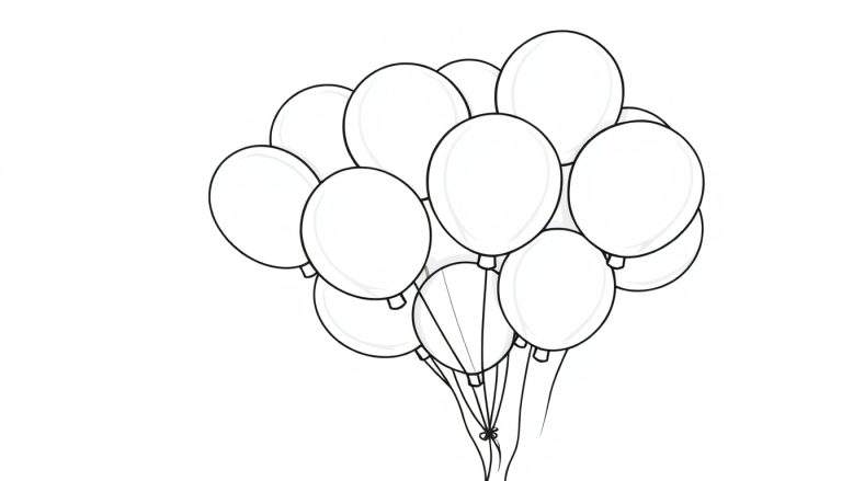 A friendly bunch of big, round balloons floating happily in the sky. This black and white color panel shows white balloons with black outlines.