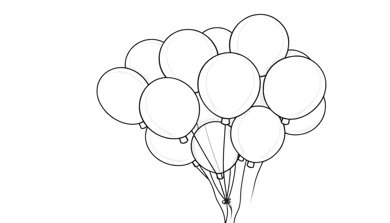 A friendly bunch of big, round balloons floating happily in the sky. This black and white color panel shows white balloons with black outlines.