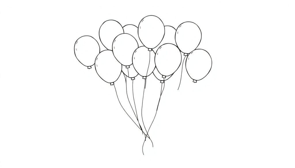 A happy bunch of black and white balloons ready for coloring, a fun color panel for kids.