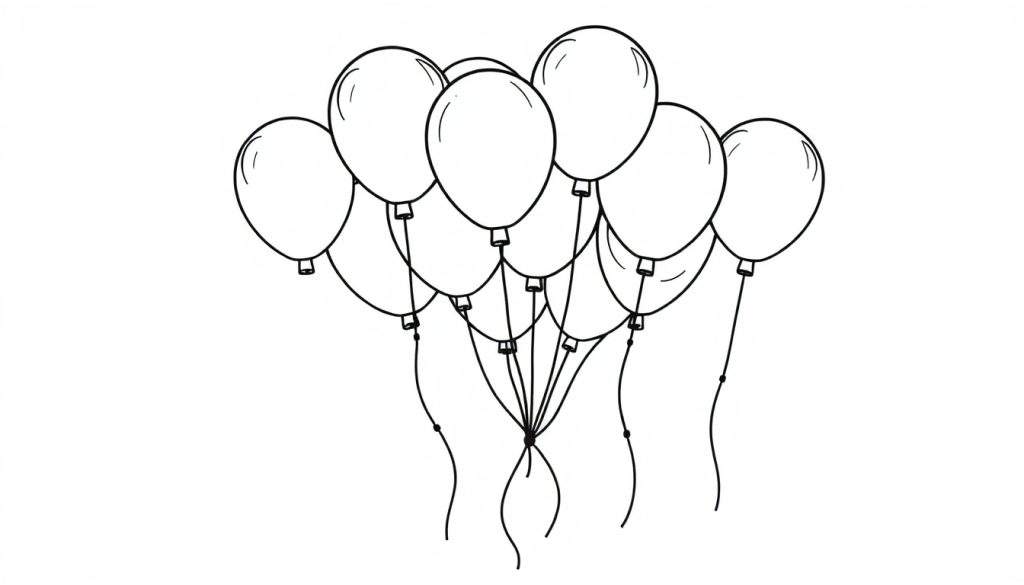 A black and white outline drawing of a bunch of balloons, a color panel ready for fun.