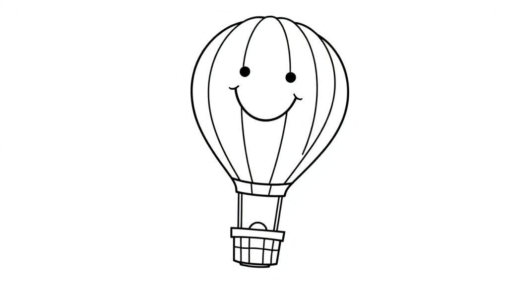 A happy black and white hot air balloon with a smiley face, ready for coloring.