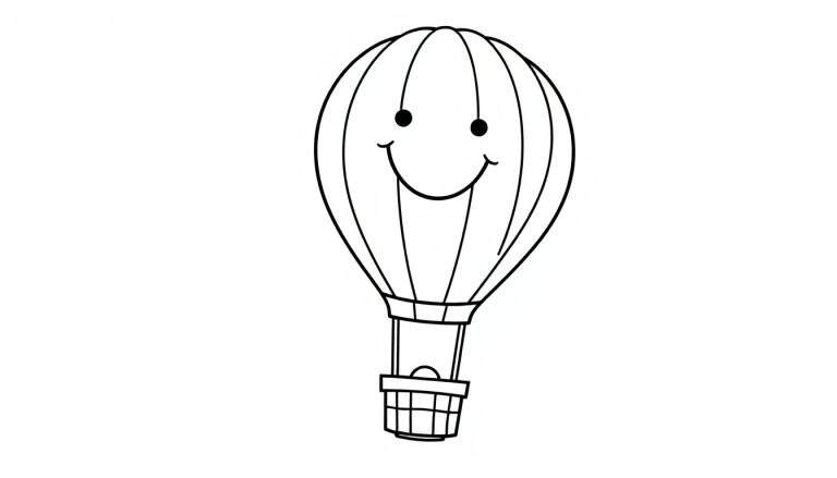 A happy black and white hot air balloon with a smiley face, ready for coloring.