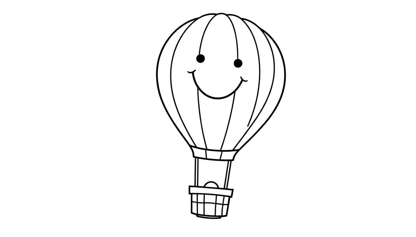 A happy black and white hot air balloon with a smiley face, ready for coloring.