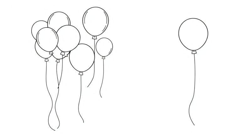 A black and white outline drawing of balloons, a color panel for kids to color.
