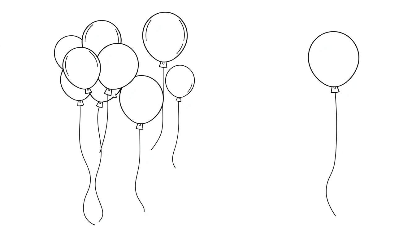 A black and white outline drawing of balloons, a color panel for kids to color.