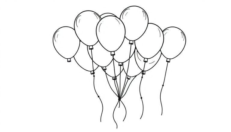A black and white outline drawing of a bunch of balloons, a color panel ready for fun.
