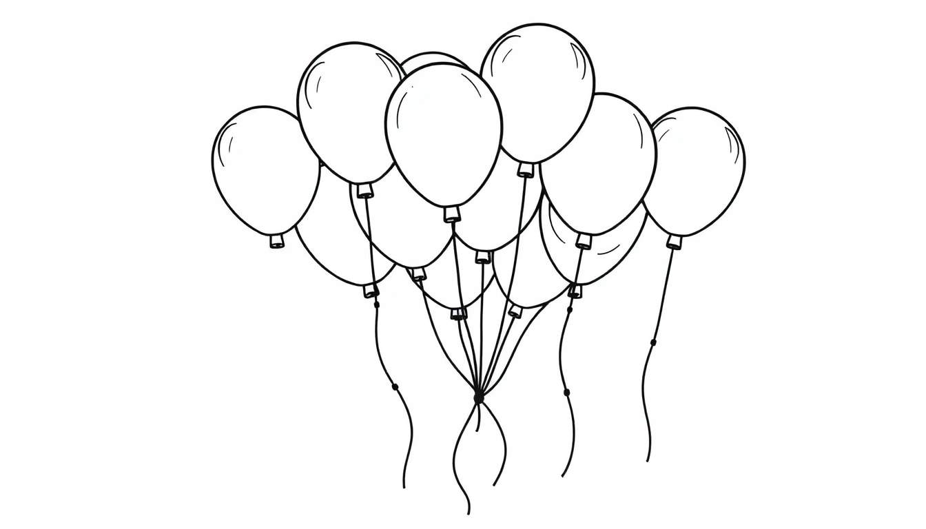 A black and white outline drawing of a bunch of balloons, a color panel ready for fun.