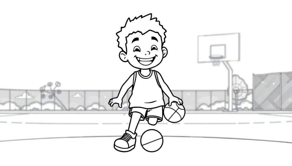 A black and white cartoon of a happy boy playing basketball, ready for the color panel.