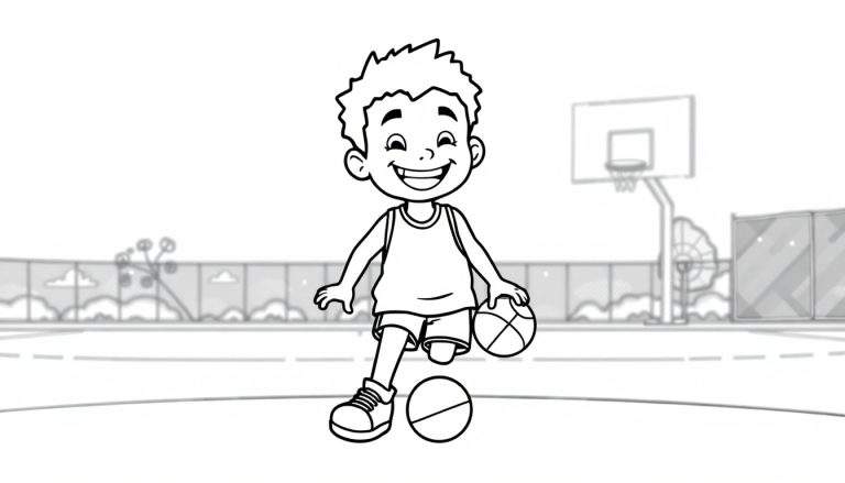 A black and white cartoon of a happy boy playing basketball, ready for the color panel.