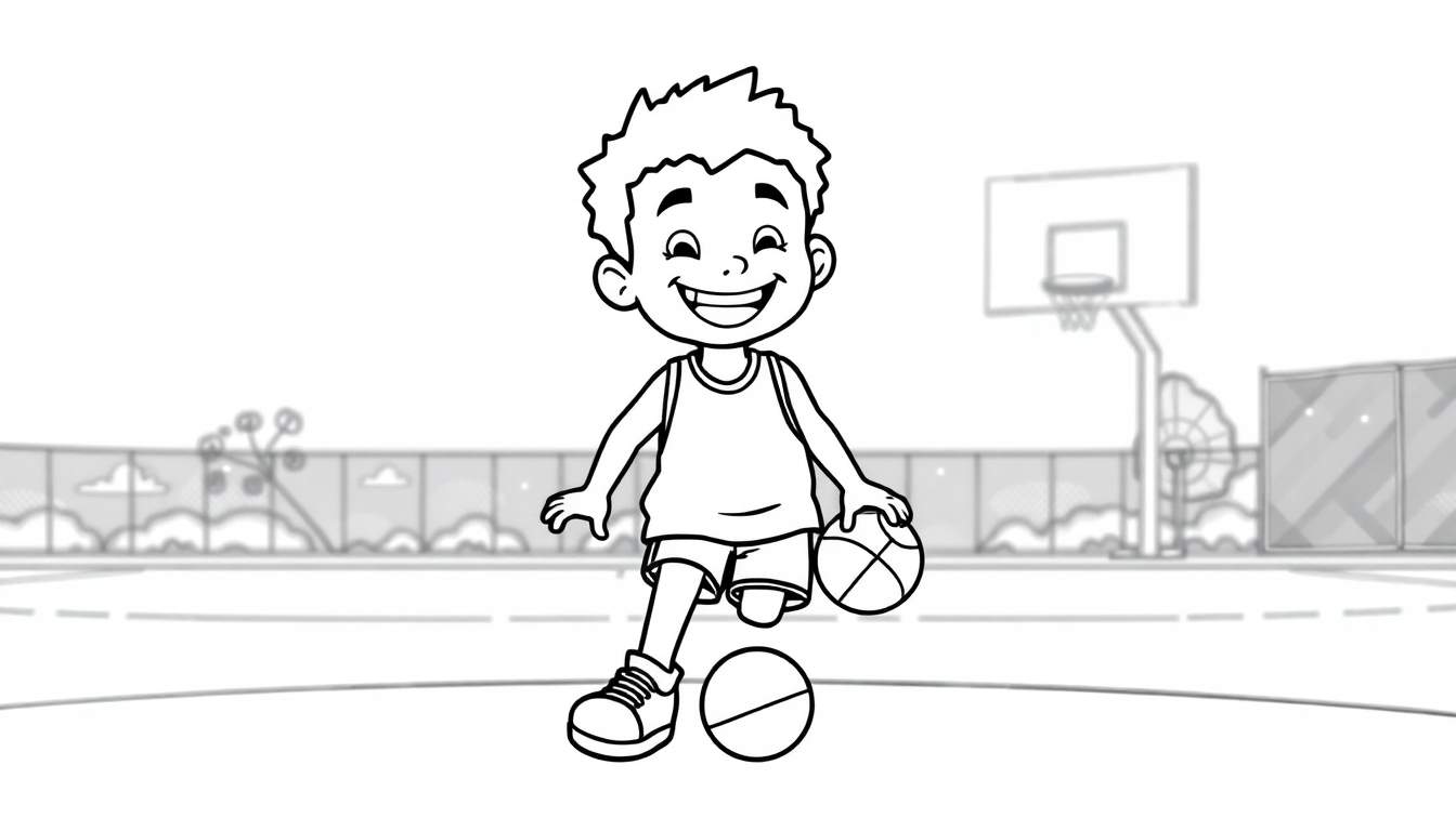 A black and white cartoon of a happy boy playing basketball, ready for the color panel.