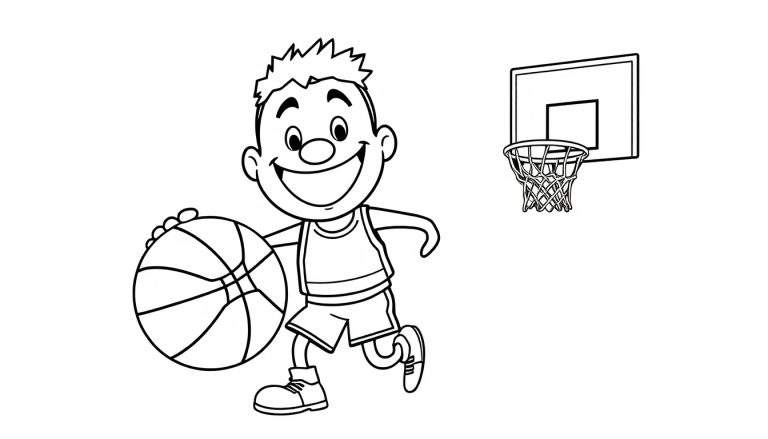 A happy cartoon boy dribbling a basketball, ready for coloring on this color panel.