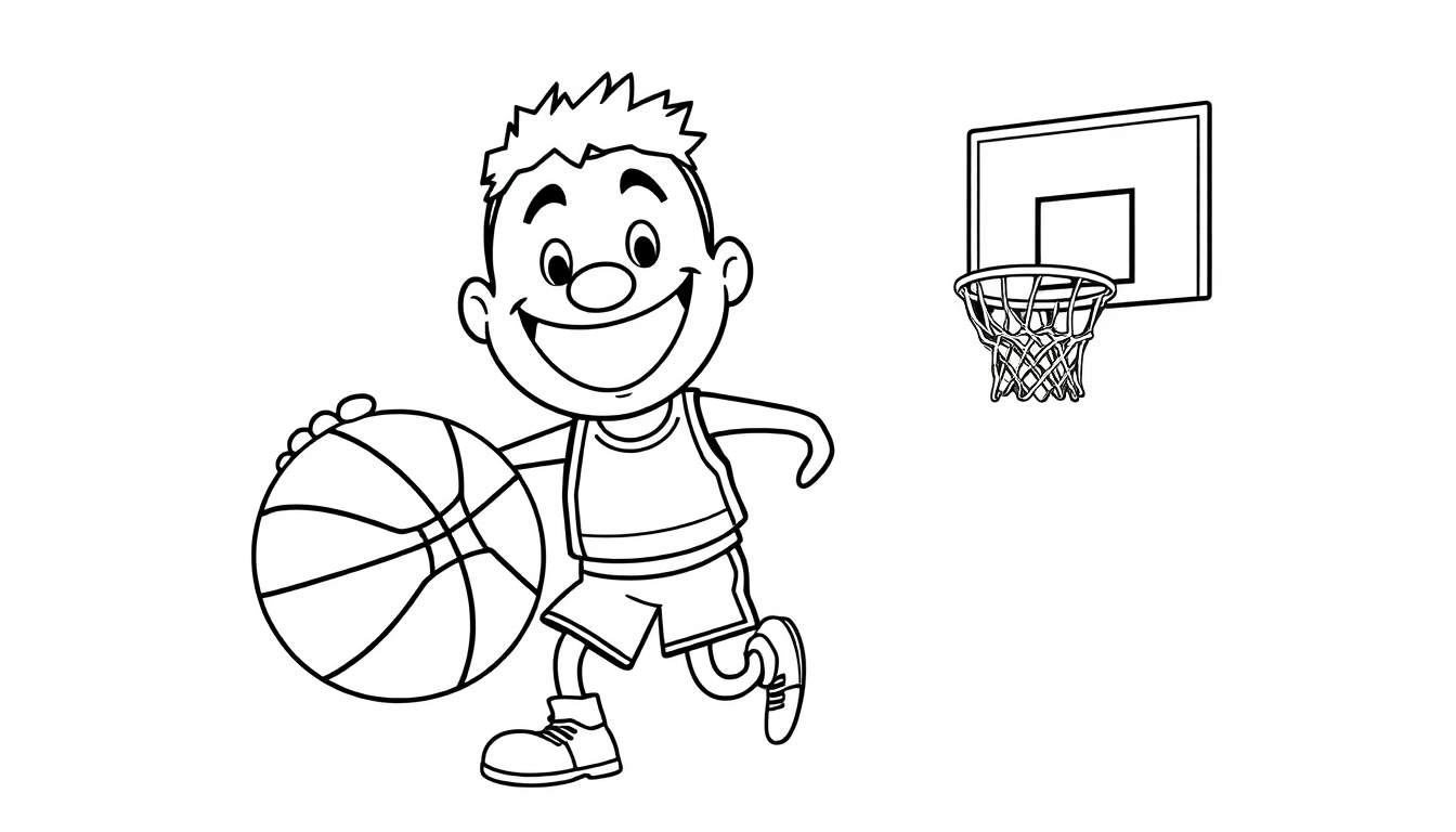 A happy cartoon boy dribbling a basketball, ready for coloring on this color panel.