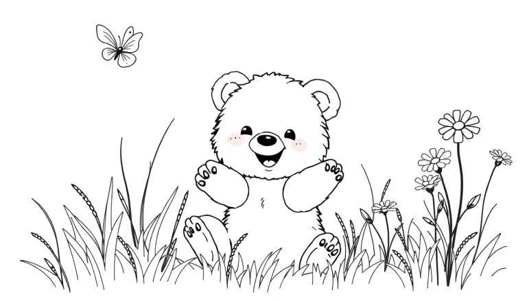 A cheerful bear cub sitting in a field, ready for the color panel.