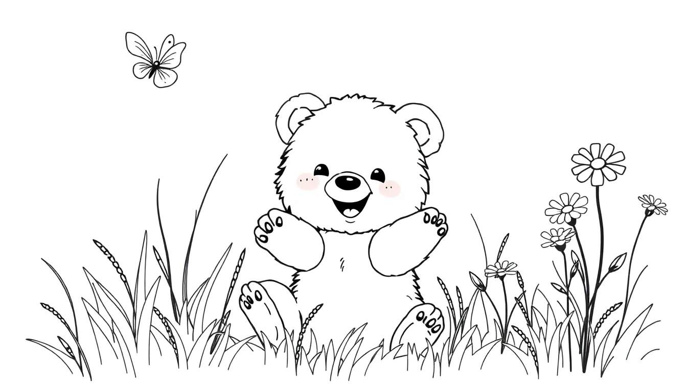 A cheerful bear cub sitting in a field, ready for the color panel.