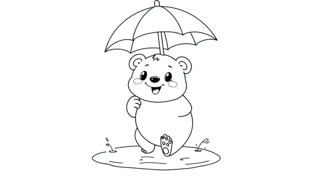 A black and white line art drawing of a happy bear with an umbrella, splashing in a puddle. This is a color panel for kids.