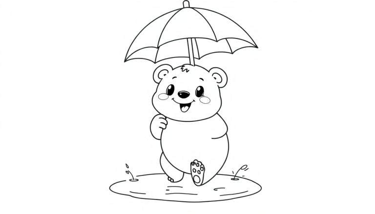 A black and white line art drawing of a happy bear with an umbrella, splashing in a puddle. This is a color panel for kids.