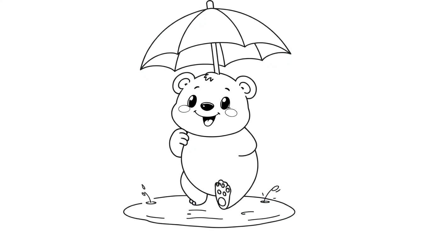 A black and white line art drawing of a happy bear with an umbrella, splashing in a puddle. This is a color panel for kids.